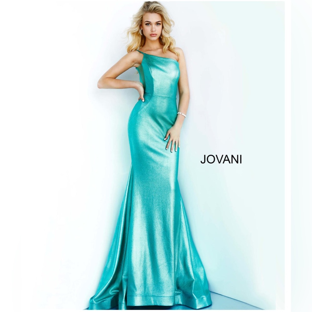 New! Jovani 02136 Metallic Fitted One Shoulder Prom Dress Aqua Green Sz 00‎ $500
